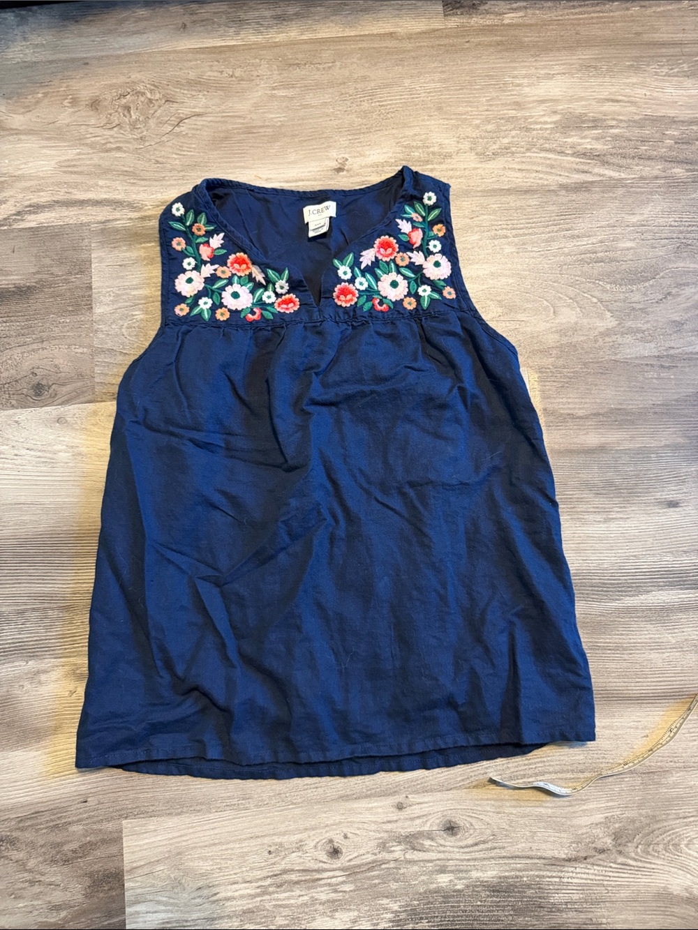 J. Crew Navy Sleeveless Top with Multicolor Floral Embroidery
